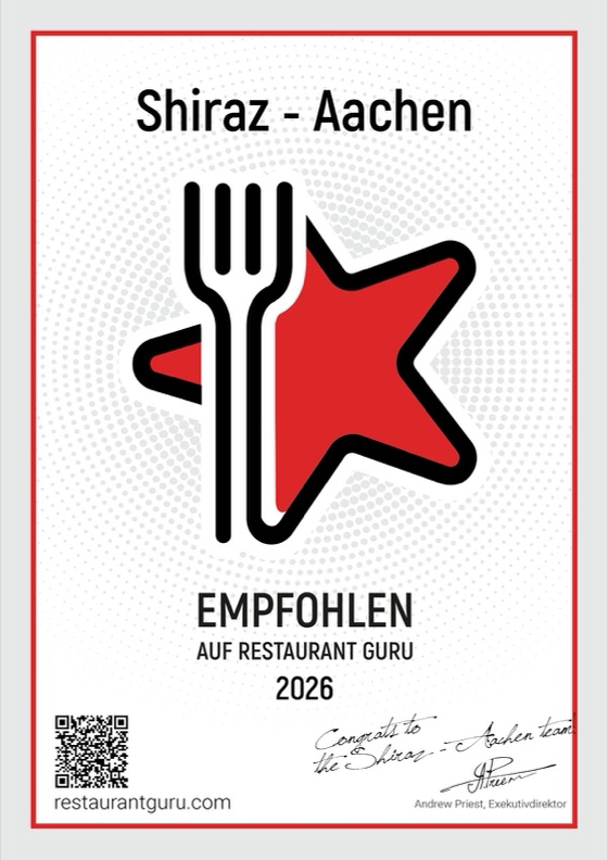 Urkunde: Shiraz Aachen – Empfohlen auf Restaurant Guru 2026